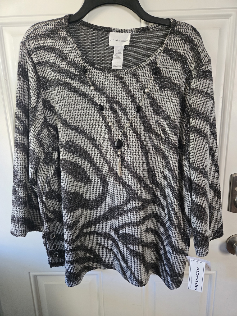 Alfred Dunner Black & Gray Zebra-Print Long Sleeve Top with Bead Accents